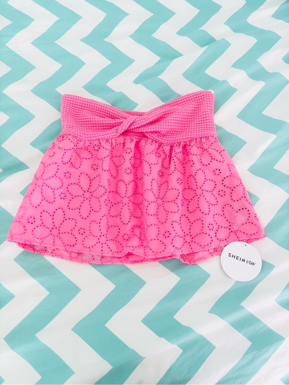 SHEIN Hot Pink Floral Eyelet Swim Skirt with Twist Waist